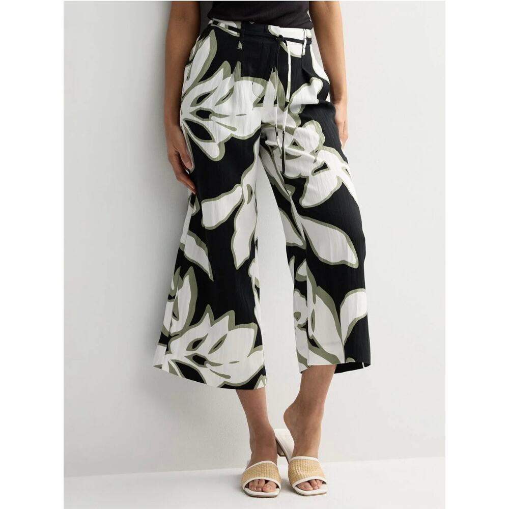 Nine West Tie Waist Wide Crop Pants Color Black Tropical Print Women's 12